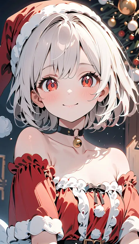 {{{  masterpiece on penis }}}, {{{ top quality}}}, {{ Ultra Details}}, {beautiful,  detail eyes },  1 girl , Alone, (( white-haired)),  medium bob hair, red eyes, , ( with bangs), choker, cute Santa Outfit ), , Innocent Smile ,Young
