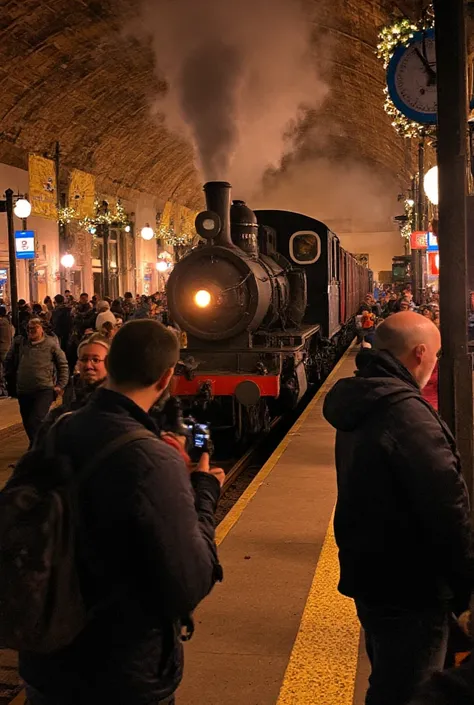  A Christmastime steam locomotive,  1 of the last remaining , Railway fans ,  taking pictures of it ,  overcrowded station ,  highly detailed , photo realistic, ( best quality,4K,8k, highres icon, masterpiece:1.2),ultra-detailed,( realistic,photo realistic...