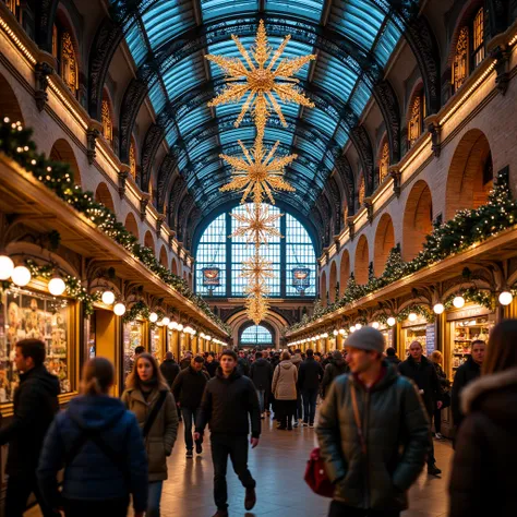 A bustling train station filled with people,adorned with beautiful Christmas decorations and bright illuminations.The scene captures the festive atmosphere,showcasing vibrant colors and intricate details of the lights,with realistic depictions of the crowd...