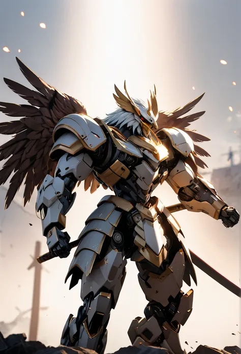 (RRS), masterpiece, Best Quality, Ultra Resolution, 8K Resolution, Ultra Detail, Clear Focus, cinematic Lighting, a beastman robot, Alone,Anthropomorphic eagle, samurai, fighting pose,cowboy shot, background blur ,