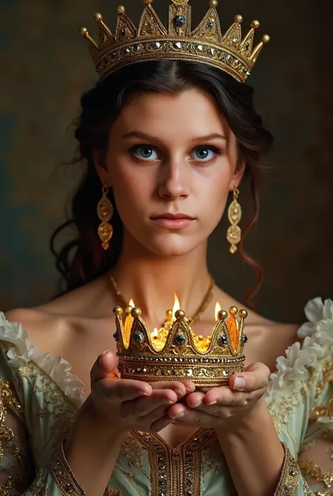 Masterpiece, Ultrarealistic a Queen holds her Crown on her hands