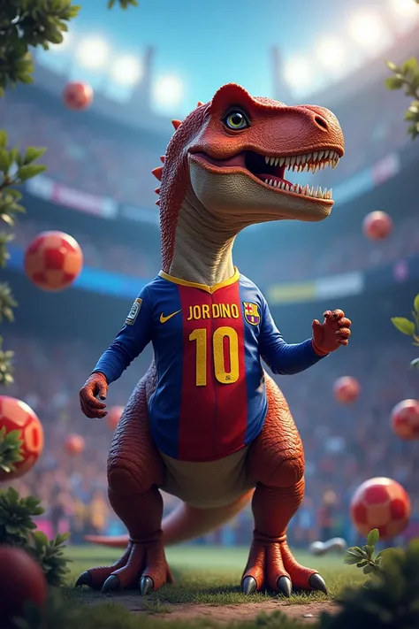  Create an image for my YouTube channel with a dinosaur with the costumes of the Barcelona football team with the number 10 and name JORDINO ,  WITH DETAILS ON THE SIDE THAT HAVE TO DO WITH VIDEO GAMES AND BRAWL STRAS  ,  THAT THIS IS UNIQUE AND WITH UNIQU...