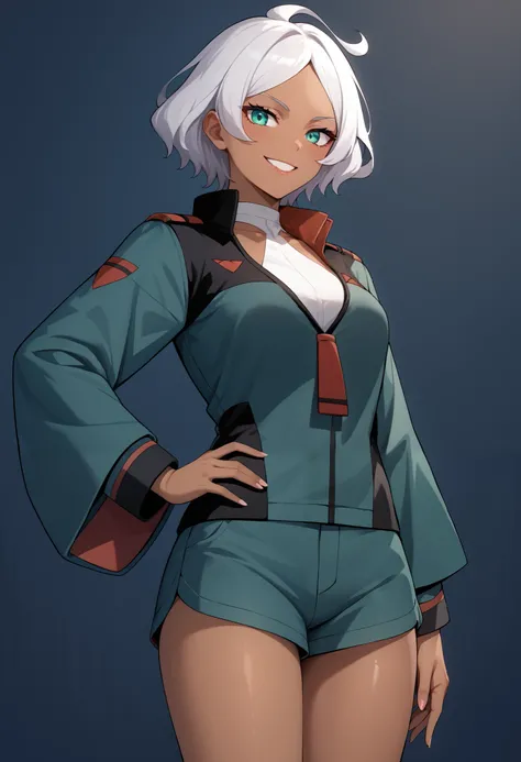 score_9, score_8_up, score_7_up, score_6_up, source_anime, 1 girl, seceliadote, secelia dote, dark skin, dark-skinned female, green eyes, short hair, white hair, asticassia school uniform, green jacket, jacket, school uniform, shirt, shoulder boards, thigh...