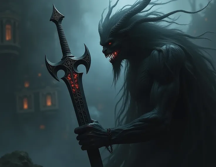 Almighty black dagger with a dark aura around it near a demon god