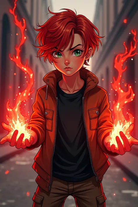 Teenage boy,,  White , red-haired, From the scarlet red telekinetic greenish hazel eyes  , WITH FRECKLES.
clothing: black shirt, black jacket , cargo pants.
powers: telecineticos vermelho Escarlate saindo de sua mão 
estilo quadrinho da marvel
powers telep...