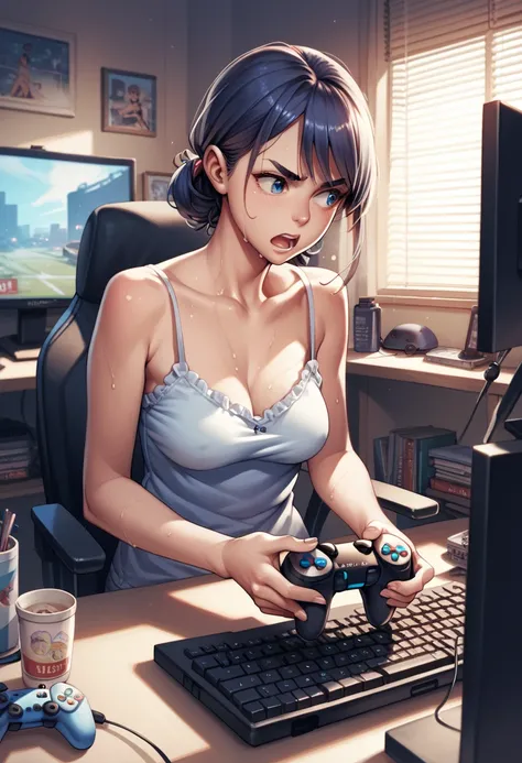 night, anime,1girl, medium breasts, in room, girls room, camisole, playing the game, Shooting games, desk, PC, game controller, keyboard, looks away, sweat, panic, troubled eyebrows, open mouth,