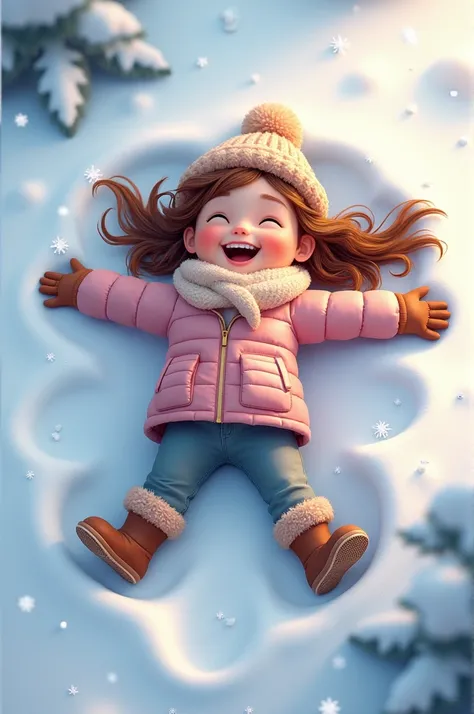 Young brown hair girl snow angel laughing