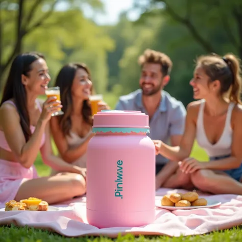 : an attractive Instagram post of a pastel pink sports water cooler with the brands logo that says PinkWave an outdoor picnic, surrounded by friends enjoying cold drinks and snacks .
