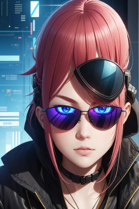  cyberpunk anime style, Hacker, cyber enhancements , lunettes de soleil