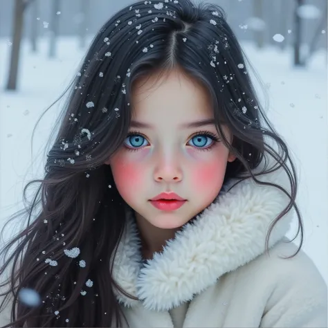  Hyper realistic oil painting .  Beautiful  Russian girl with porcelain skin . has long black hair,  powerful look with heterochromic eyes ,  half of the right eye is blue ,  the left eye is totally Gray ,  has a white fur coat and is playing in the snow ,...