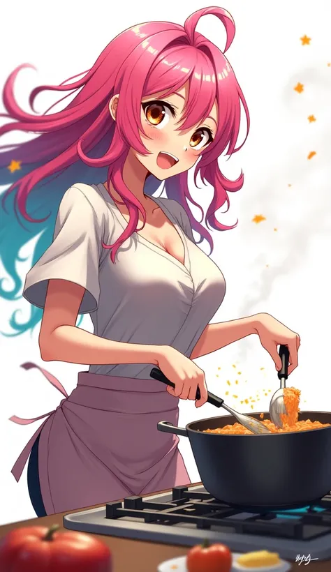 Create a woman on a white background anime version cooking 