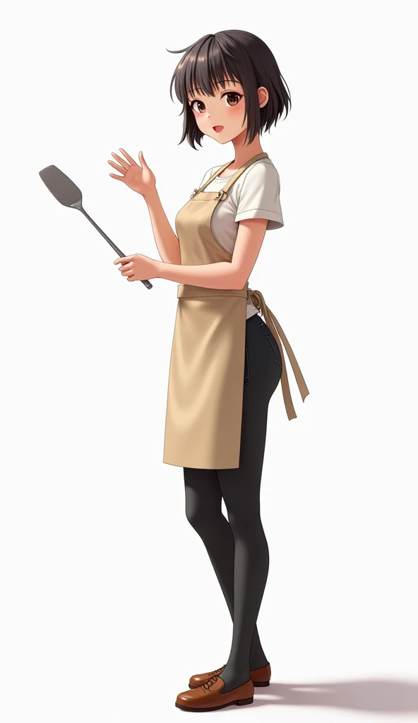 Create a woman on a white background, slightly realistic anime version, with a spatula in her hand and apron on her body.