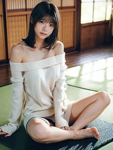 ((full body focus)), Off-shoulder sweater, ((())), no makeup, high resolution, professional photography, high resolution, small breasts, slim, taken from a Japanese-style room on a tatami mat, photographed from a Japanese-style room, tatami mat, sitting cr...