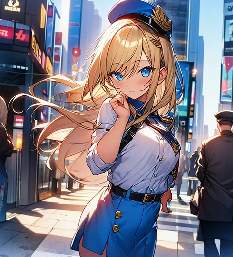  Female、American Beauty、Super beautiful、Facial beauty、blue eyes、Standing、New York Police Uniform、mini skirt、Golden Hair、Night Street、Backlight、The wind is blowing、it&#39;s raining、He is looking intently at the barrel of the gun. 、Thigh-up shot、pointing pis...