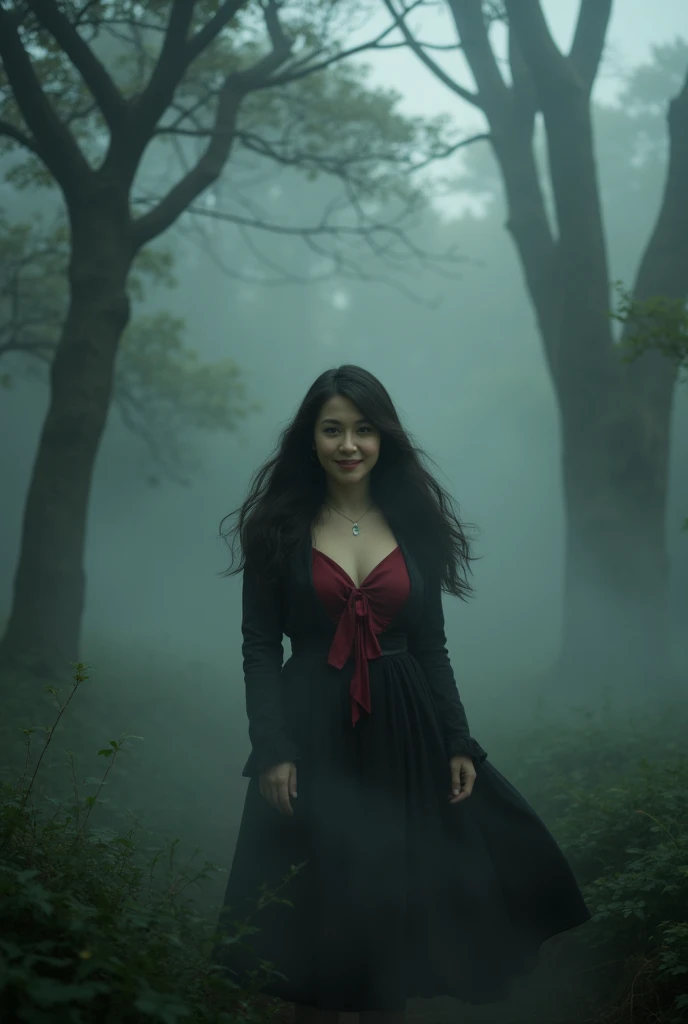 edge of a misty forest, mysterious woman, smiling