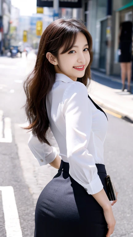 UHD, masterpiece, anatomically correct, super detail, best quality, 8k、Japanese woman with beautiful rear view、Age 30、Female office worker、elite、 SIMPLE WHITE BLOUSE 、The hem of the blouse is inside the skirt、 pencil skirt 、 is looking back and smiling at ...