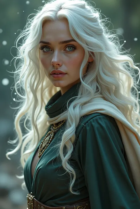  Female 30 years old wavy white hair,  big round eyes  , beautiful cheekbone  ,  magic power ,  battle outfit  