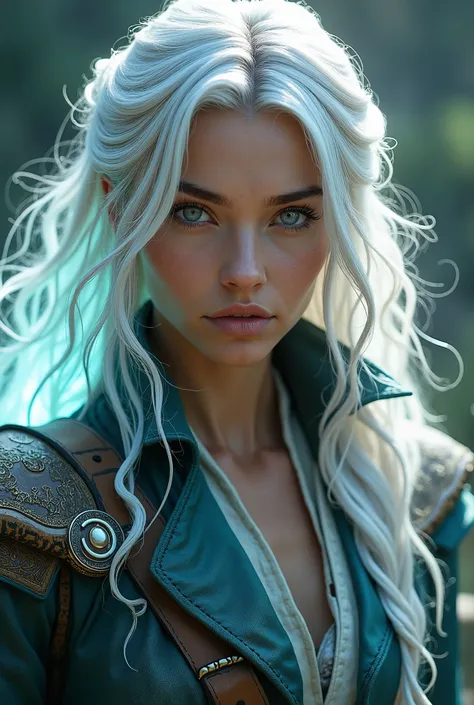  Female 30 years old wavy white hair,  big round eyes  , beautiful cheekbone  ,  magic power ,  battle outfit  