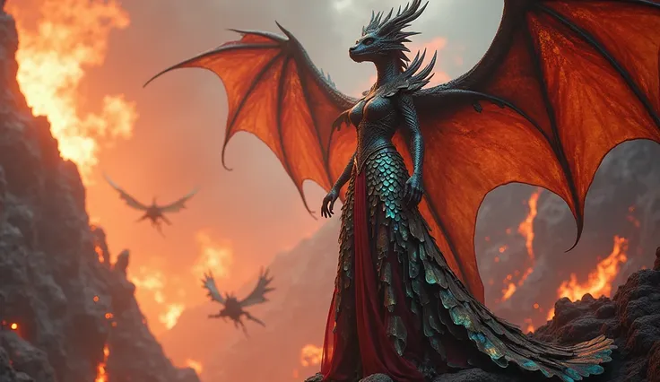 "A fierce dragon hot big breast queen portrait in a high-slit gown made of shimmering scales, standing on a volcanic cliff with fiery dragons circling behind her."
