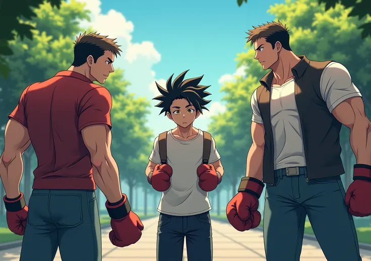 A shy young man in a school uniform, crouching in fear, surrounded by bullies in a park. A muscular man with a confident stance and boxing gloves steps in to defend him, dramatic lighting, intense atmosphere, anime style, dynamic composition, vivid colors.