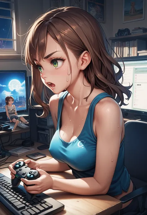 night, anime,1girl, green eyes, detailed eyes, brown hair, (messy hair:0.6), medium breasts, in room, girls room, tank top, playing the game, Shooting games, desk, PC, game controller, keyboard, looks away, sweat, panic, troubled eyebrows, open mouth,