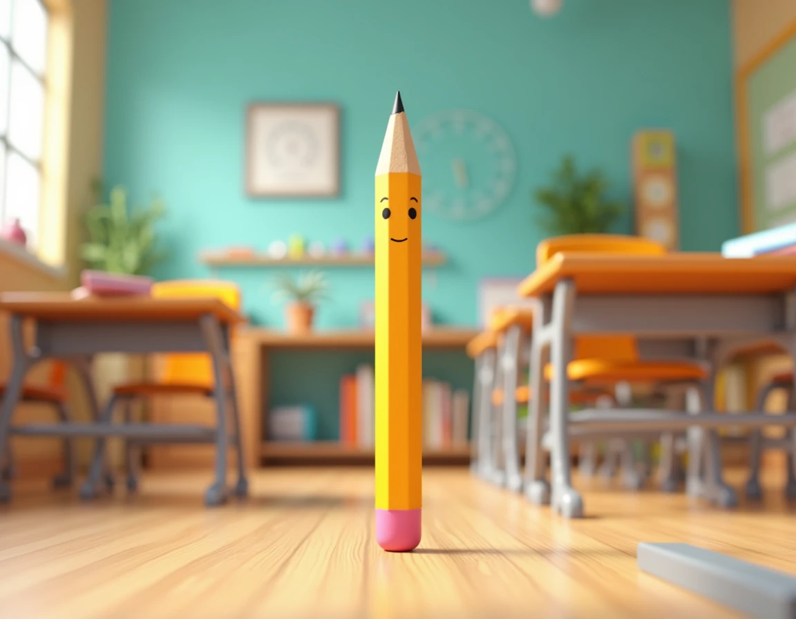 pencil is standing in chibi3d animation style classroom