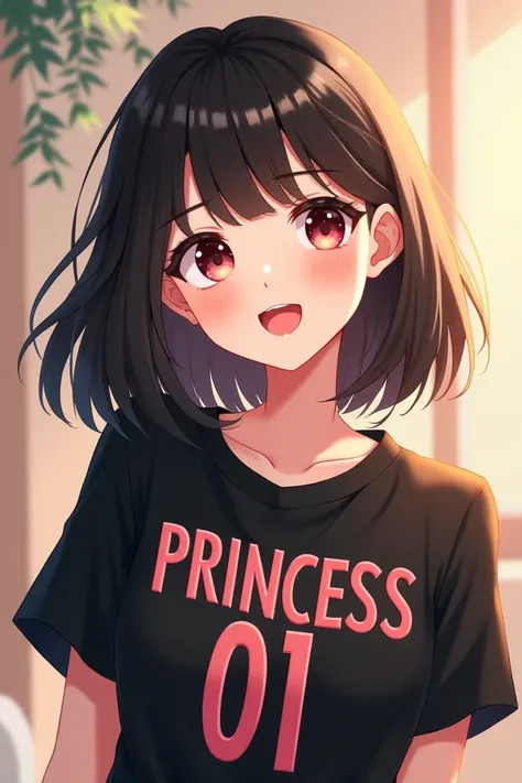 A cute girl wearing black shirt written princess01