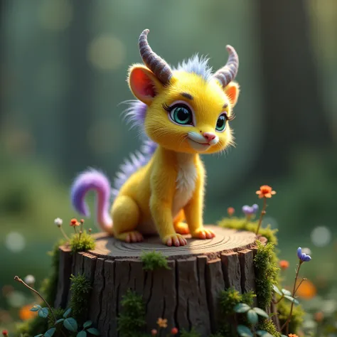 A tiny creature sitting on a tree stump, the creature is big like half a thumb, its a magical creature with silky fur that has an ethereal glow and it consists of yellow, black, purple and green colors, the fur is soft and tender, the creature has a fluffy...