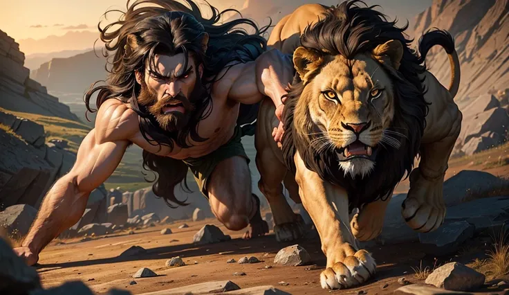 Samson fighting a lion,  holding his jaws open with his bare hands . he is strong, with long black hair, on a rocky field at dusk .  The lion roars fiercely while Samson displays courage and divine strength.