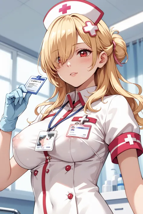 there is a cartoon nurse in a  looking down at her gloves, 1girl, , gloves, , id card, Blonde hair, , RED eyes, solo, WAVE hair, nurse, breasts, hair ornament, nurse cap, hair over one eye, hat, adjusting gloves, short sleeves, large breasts, pink ribbon, ...