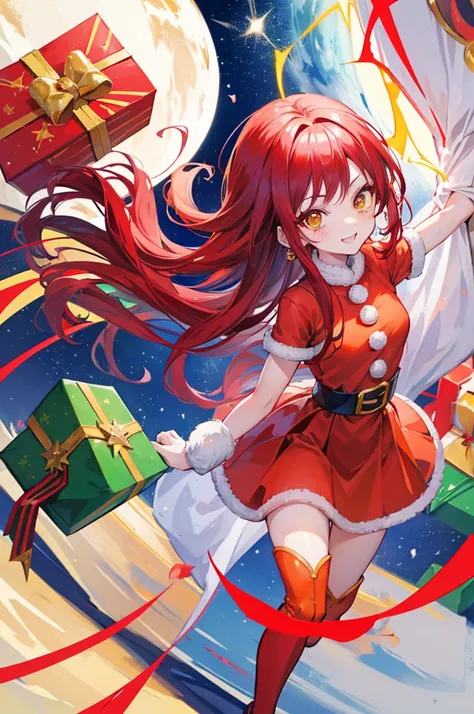 dragon ball, cute saiyan girl, little young, crimson hair, yellow eyes, , smile, electricity, aura, energy, focus on face, red christmas outfit like santa girl, gifts