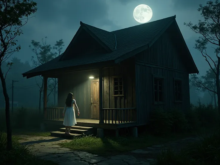 "Create a high-quality, eerie horror scene set at night in Thailand. The scene takes place outside an old, decaying traditional Thai wooden house, surrounded by mist and shadows. The house is weathered and abandoned, with overgrown plants creeping up the s...