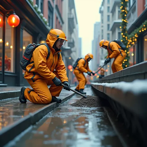 Workers are in Orangish yellow costumes. Fully geared with tools and in the process of gutter cleaning in progress with December holiday vibes.