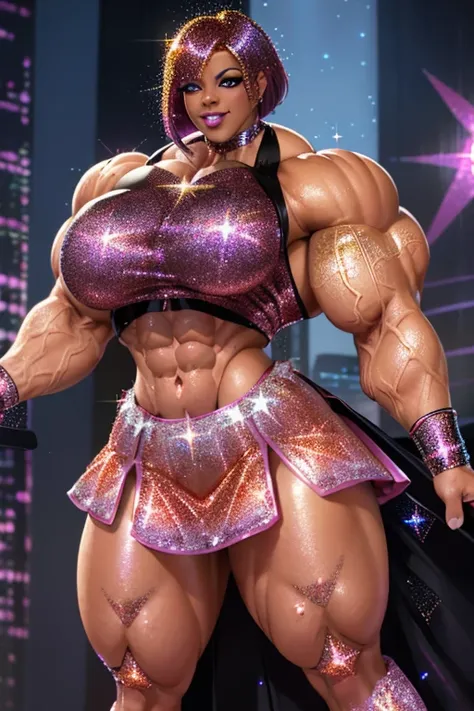 ((Close-up)), tall, shocking pink hair, beautiful muscular woman, angled bob hair, brown skinned, (black lipstick), (massive muscles), (hyper muscle), (ginormous bulky muscles), red eyes, (((((sparkly pop idol costume with skirt))))), choker, boots, (on th...