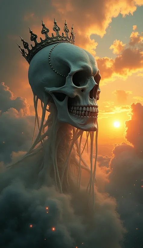 A highly detailed and hyper realistic picture of a salvador dali monster. Jellyfish body, skull face, king crown. Smoke and particoes in the background. Epic sunrise sky