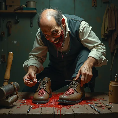 A smiling creepy drunken shoemaker repairs his shoes with a hammer, nailing his brains to them, holding his nails in his mouth Giger style 