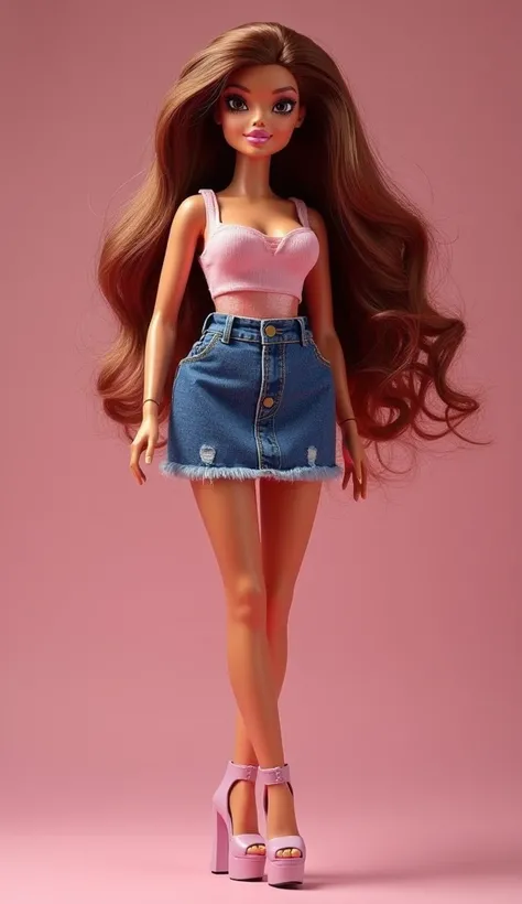 Full body shot of 3 beautiful barbie, large body, voluptuous woman, long hair, outlined eyelids,  small mini denim skirt,  tempting , dreaming, curvy hourglass figure, oppai proportion, tight skirt , tall, tall, long legs, platform heels