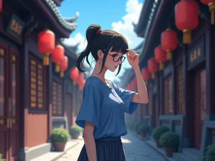 Detailed 8k image shows a young woman standing in a narrow alleyway with traditional Chinese buildings on either side. She wears a blue blouse, and wears ballet flats on her feet. He puts on round glasses and adjusts his hair in a neat bang, and collects h...