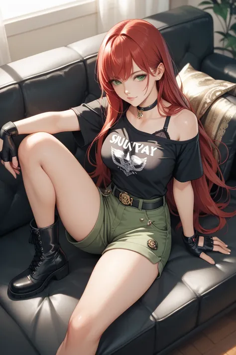  a girl,  red hair,  split bangs ,  long hair , breasts, he would be, neutral, black top, black mesh shirt,  Military green shorts ,  black fingerless gloves.  black military boots ,  Sitting on a sofa with your back stretched on the back of the sofa,  fro...