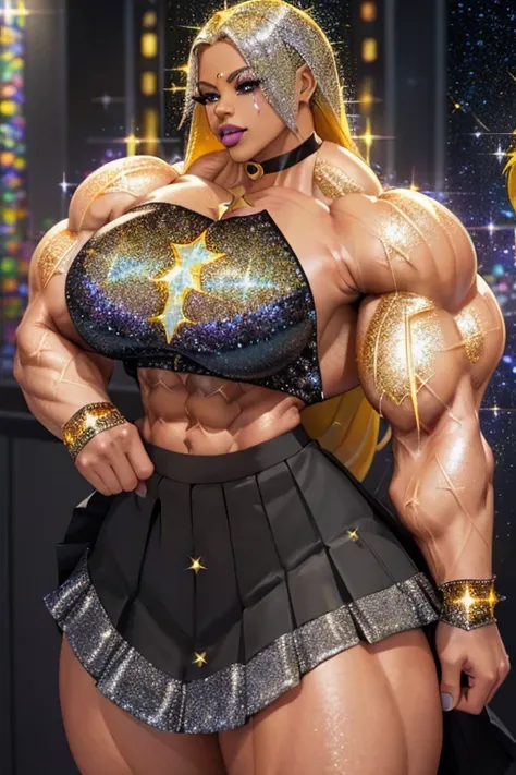 ((Close-up)), tall, yellow hair, beautiful muscular latino woman, long hair, brown skinned, (black lipstick), (massive muscles), (hyper muscle), (ginormous bulky muscles), gray eyes, (((((sparkly pop idol costume with skirt))))), choker, boots, (on the sky...