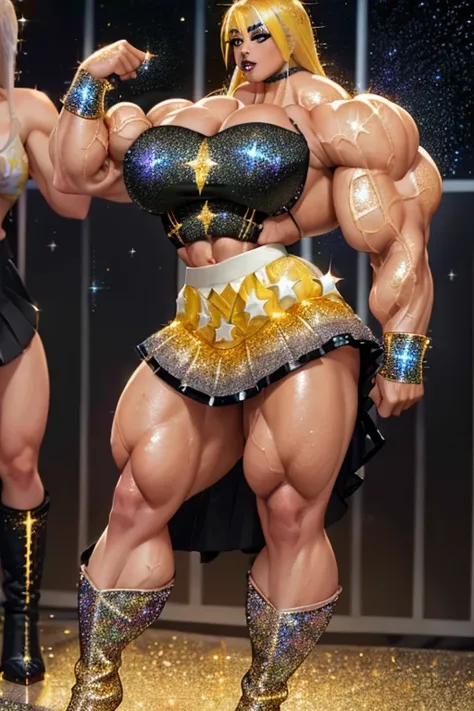 ((Close-up)), tall, yellow hair, beautiful muscular latino woman, long hair, brown skinned, (black lipstick), (massive muscles), (hyper muscle), (ginormous bulky muscles), gray eyes, (((((sparkly pop idol costume with skirt))))), choker, boots, (on the sky...