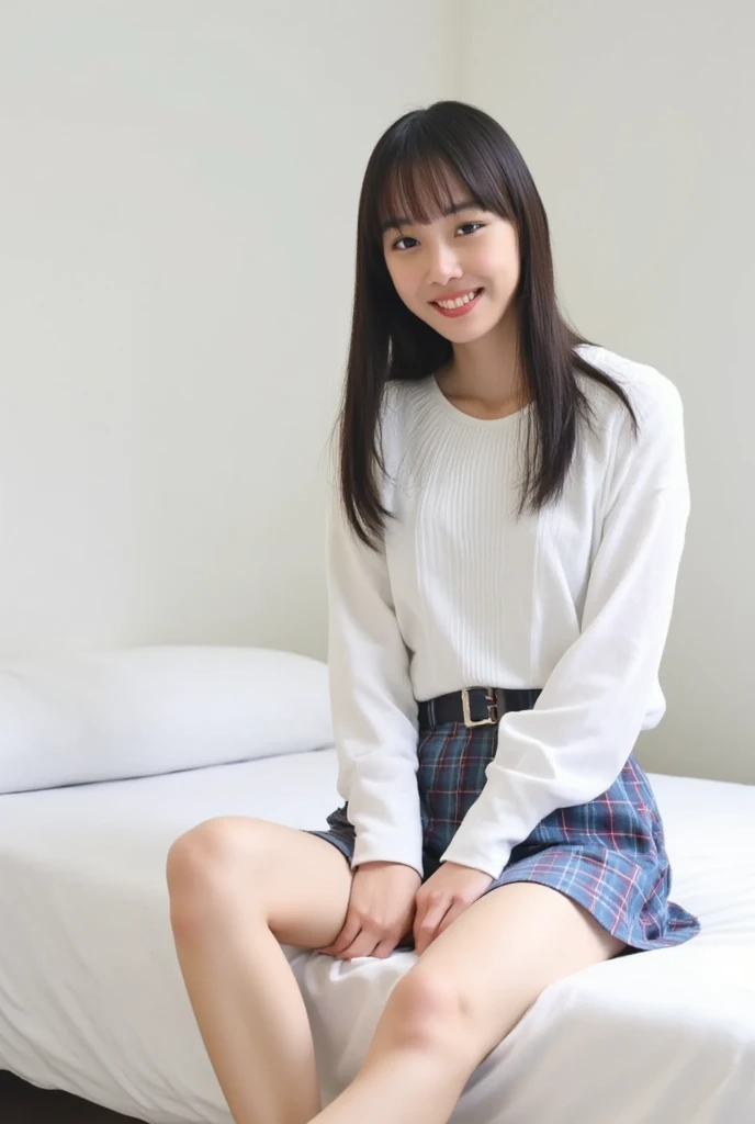 Completely naked:1.5、Alone、natural body shape、 white skin、Natural Cosmetics 、 black hair 、bangs、 long straight hair、、(expensive  、barefoot、 white blouse、 blue plaid pleated skirt to cover white panties)、、( open legs:1.3)、(( and my upper body is wearing a u...