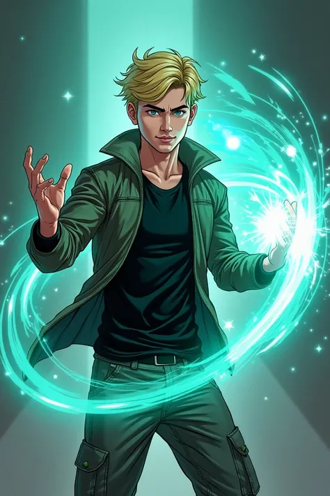 Boy 18 years old ,  White , blonde , of telekinetic greenish blue .
clothing: black shirt, black jacket , cargo pants.
powers: telecineticos 
saindo de sua mão 
estilo quadrinho
powers telepáticos azul celeste 