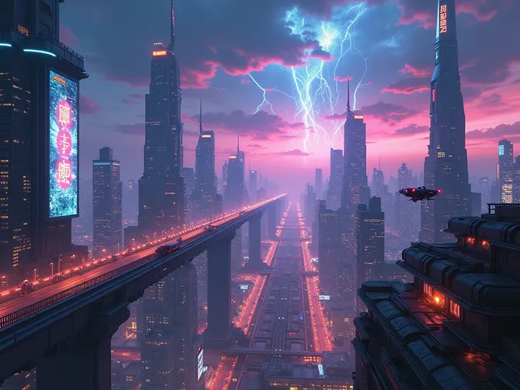 cyberpunk style city, illuminated sky, neon light at night, image seen from scratch, wide landscape, futuristic city