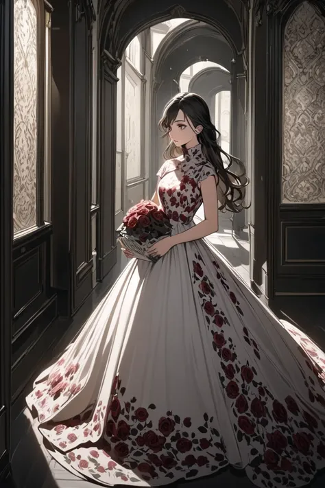  A young woman with long, dark hair ,  wearing a rose dress with a high collar and high heels,  holding a small white bag in her hands ,  walks through the door of a very elegant place , and walks down a long corridor .