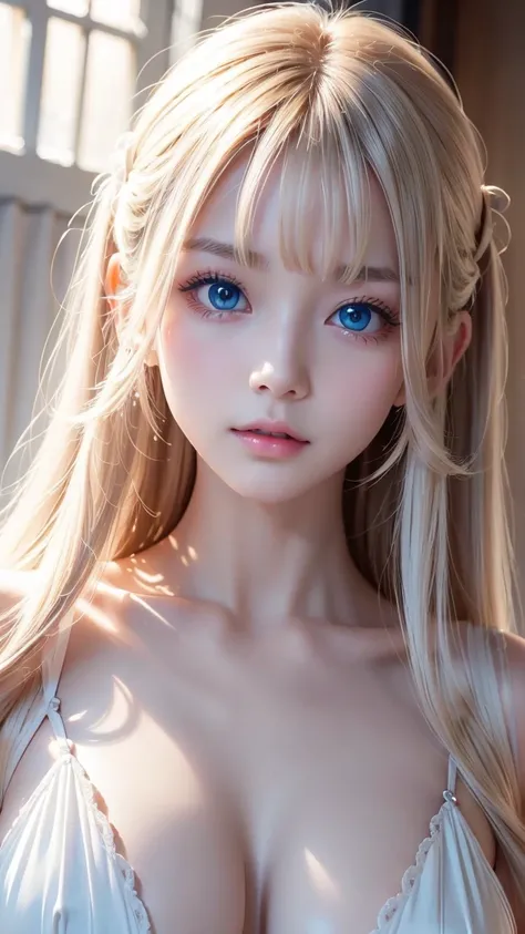  silky super long platinum blonde silky hair 、Very First 々 so innocent cute beautiful sexy girl 、Put your bangs over your eyes、Hair on face 、片Put your bangs over your eyes、 bangs between eyes、 very perfect beautiful cute face 、 big, bright, very bright lig...