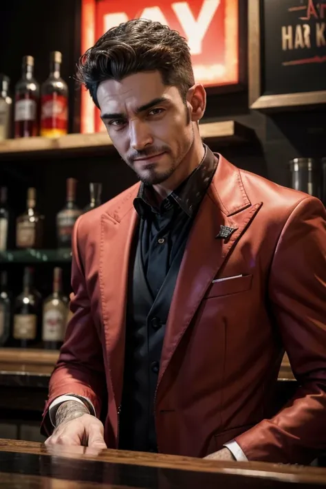 (raw photo:1.2), A bad boy **** man wearing a red suit with a hellish business look being a bartender at a hell-themed bar, barba, a pretentious look, sadistic smile, candid shot,  best quality, 8k, Ultra HD,   photorealistic 