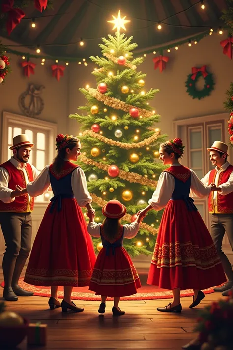 Family dressed in folk dance around the Christmas tree 