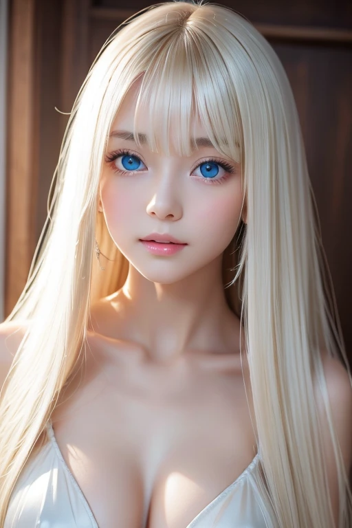  silky super long platinum blonde silky hair 、Very First 々 so innocent cute beautiful sexy girl 、Put your bangs over your eyes、Hair on face 、片Put your bangs over your eyes、 bangs between eyes、 very perfect beautiful cute face 、 big, bright, very bright lig...