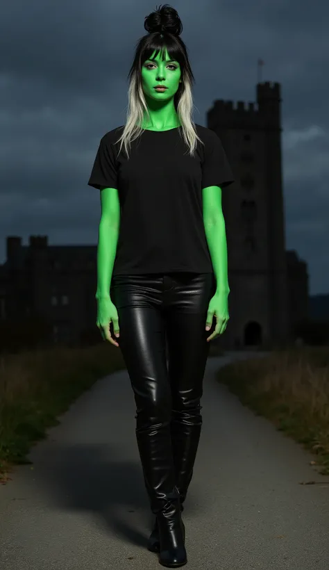 a woman with green skin, similar to Franksteins bride, wearing a plain black t-shirt, leather pants, front view, image from the knee up, wearing high-heeled leather boots, setting a haunted castle at night, black hair with white locks and high bun.